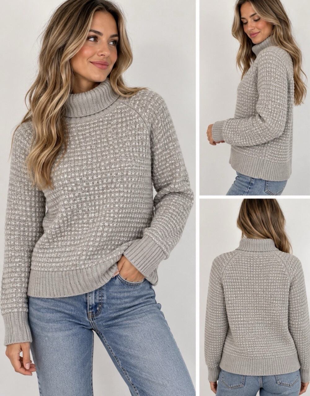 J.Crew Women’s Gray Turtleneck Sweater Textured Waffle Knit Long Sleeve Pullover